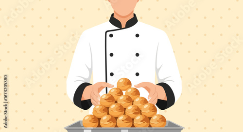Profiteroles Delight Freshly Baked Dessert Displayed By Professional Chef Uniform