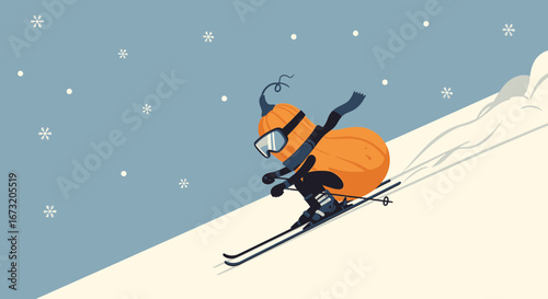 Pumpkin Character Enjoying Winter Skiing While Snowflakes Gently Fall Around