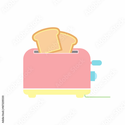 Cartoon Pink Toaster with Two Slices of Golden-Brown Bread Simple Design.