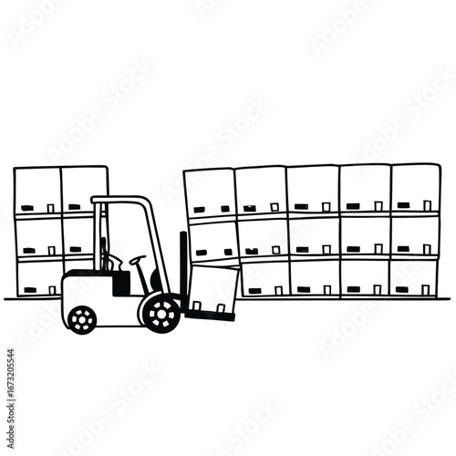 Forklift transporting boxes in a warehouse, showcasing organized shelves and efficient logistics