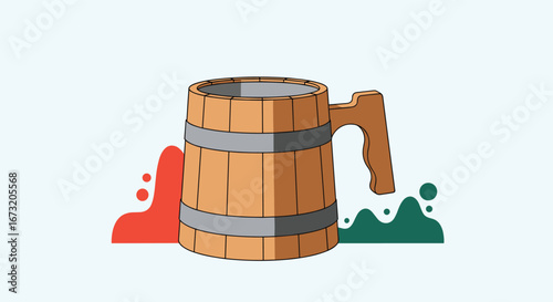 Wooden tankard filled with refreshing drinks splashing with vibrant colors on a clean background