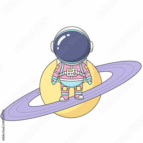 Cartoon Astronaut in Pink Spacesuit Standing on Planet Saturn with Rings.