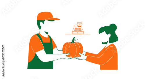 Pumpkin Seller Offering Fresh Produce to Customer in a Simplified Illustration