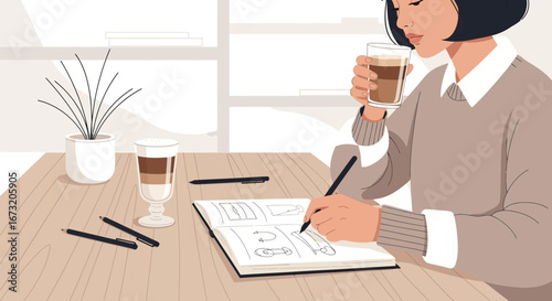 Quiet Moments Creative Ideas: A Woman Sketches Plans With Coffee and Pens at Home