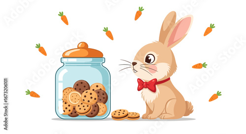 Rabbit Admiring Cookies Beside a Glass Jar Alongside Carrots and Sweet Treats