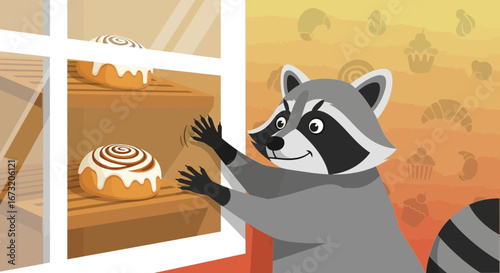 Raccoon Attempts To Reach Delicious Cinnamon Rolls In A Window Displayed Bakery