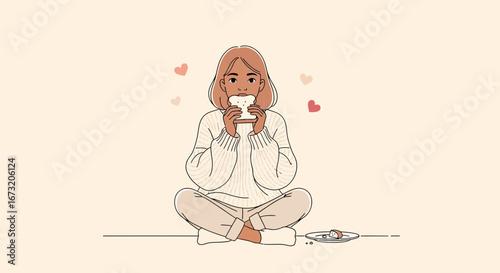 Radiant Person Consumes Sandwich, Symbolizing Peaceful Enjoyment and Contentment