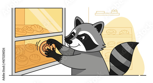 Raccoon Stealing A Pastry From A Bakery, Funny Illustration And Character Design