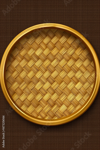 A beautifully crafted bamboo dish showcasing intricate weaving patterns, perfect for serving food or as a decorative piece.