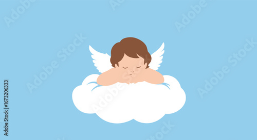 Peaceful cherub sleeping on a fluffy cloud against a serene blue sky background for heavenly designs