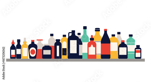 Diverse collection of various bottles and containers arranged on a shelf showing different shapes sizes and colors