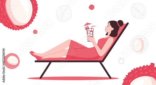 Reclining Woman Enjoying Tropical Cocktail Among Fresh Lychee Fruits in Summer Vacation