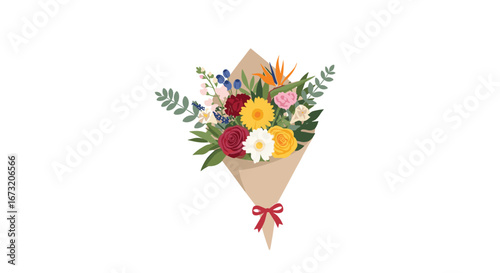 A handcrafted bouquet of fresh blooms beautifully arranged with natural elements and tied with a red ribbon for special occasions