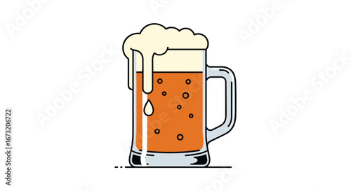 Deliciously frothy golden beer pouring into a clear glass mug with bubbles and a handle on a white background