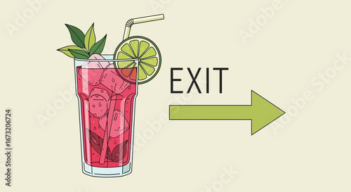 Refreshing Beverage Symbolizing Exit, Escape, and Directions, Featuring Graphical Elements