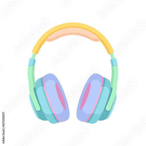 Vibrant cartoon headphones with yellow band green arms and blue earcups featuring pink padding.