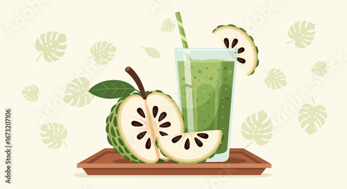 Refreshing Custard Apple Drink and Fruit Slice with Tropical Leaves Background