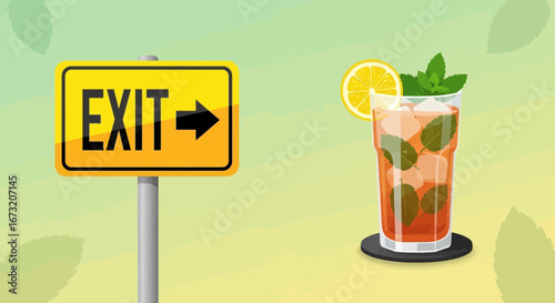 Refreshing Drink Beside Exit Sign, Signifying Freedom and Pleasant Moments Ahead