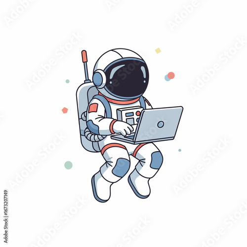 Cartoon Astronaut with Laptop: Space Explorer in Suit Helmet and Backpack.