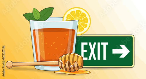 Refreshing Drink Composition with Lemon, Mint, Honey and Exit Sign Design Concept