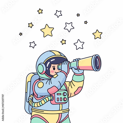 Cheerful Astronaut Gazing Through Telescope at Scattered Stars.