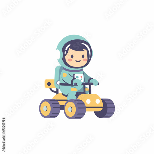 Cute cartoon astronaut smiling in a teal spacesuit riding a yellow space rover with purple wheels.