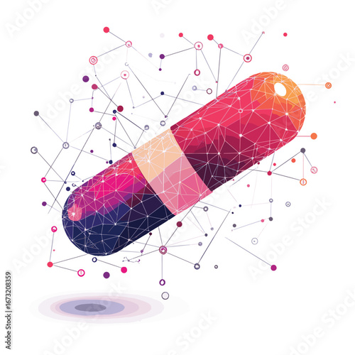 Low poly style vector illustration of capsules and tablets with polygonal mesh and dotted connections representing medical supplements and health technology concept on white backgr