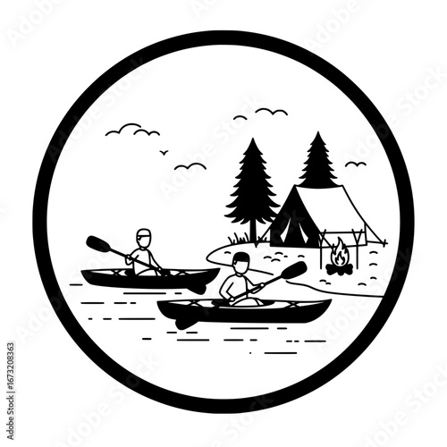 Children kayaking and camping with transparent background