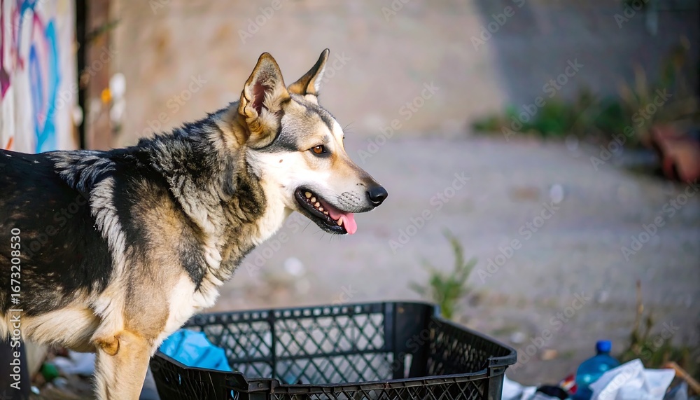 Obraz premium A stray dog stands near a dumpster