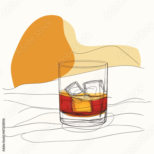 Minimalist continuous line drawing of whiskey glass with ice cubes and amber liquid in simple outline style for beverage concept illustration, vector style simple color