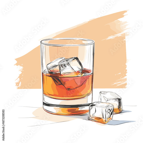 Minimalist continuous line drawing of whiskey glass with ice cubes and amber liquid in simple outline style for beverage concept illustration, vector style simple color