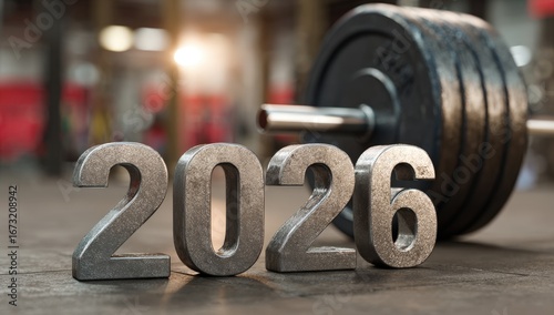 Numbers representing the year 2026 are placed on a gym floor beside a barbell, symbolizing fresh starts and fitness resolutions during the new year and Christmas celebrations