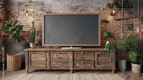 Classic TV with mockup screen on rustic media console, loft with high ceilings and vintage charm