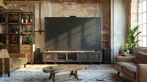 Classic TV with mockup screen on rustic media console, loft with high ceilings and vintage charm