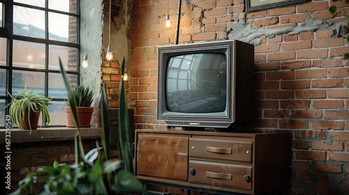 Old-school TV on contemporary console, loft interior with vintage touches, brick walls, and industrial decor