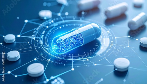 Pharmaceutical technology or medical health care concept, realistic pill with science, Generated with AI.