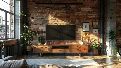 Retro TV set on sleek media unit, urban loft with brick walls, natural light, and cozy atmosphere