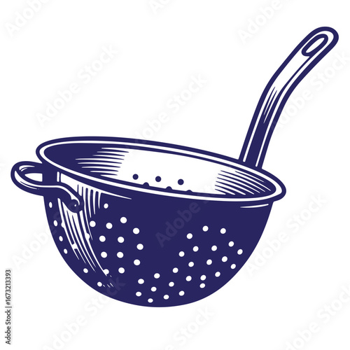 Vintage engraved illustration of a blue colander on a white background for kitchen cooking