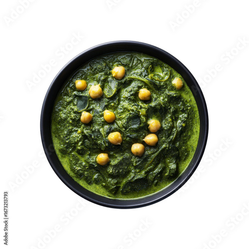 Delicious Creamy Spinach and Chickpea Curry in Black Bowl - Overhead View