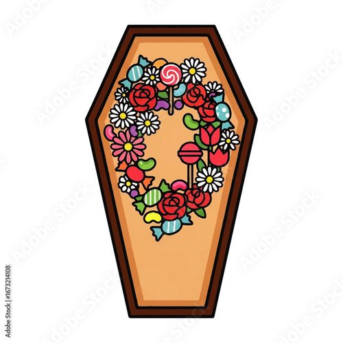 A cartoon coffin decorated with a colorful wreath of candy and flowers