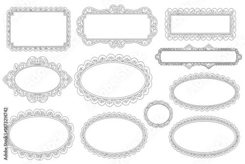 A beautiful collection of intricate hand-drawn lace doily frames and borders in various vintage oval and rectangular shapes