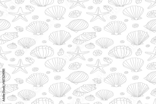 Seamless line art pattern with hand-drawn seashells and starfish on a white background, ideal for coloring and textile design