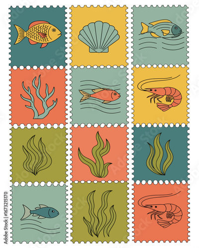 Set of decorative postage stamps with cute cartoon illustrations of sea life. Includes ocean fish, shrimp, coral, and aquatic plants in a retro color palette