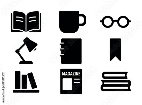 Set of black office and reading icons: book, mug, glasses, lamp, notebook, bookmark, magazine, bookshelf