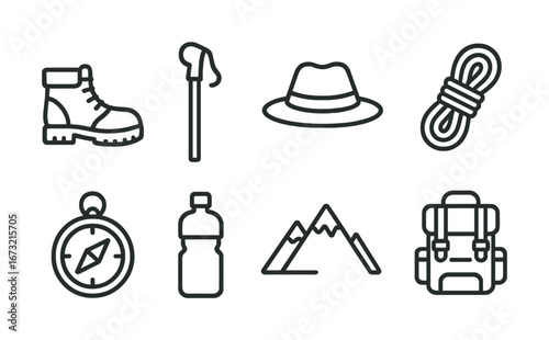 Outdoor adventure essentials: boot, pole, hat, rope, compass, bottle, mountains, backpack icons