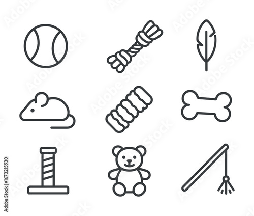 Collection of pet toys and accessories icons – ball rope feather mouse tug bone scratch post bear