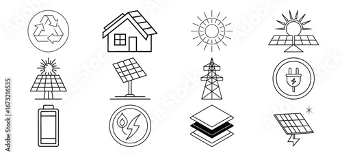 Solar Energy and Renewable Energy Line Icons Set