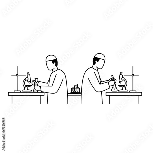 Scientists working with microscopes with transparent background