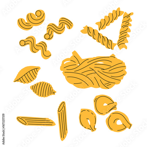 Different sorts of pasta in flat modern style. Tortellini, fusillii, cavatappi, penne rigati, conchiglie, tagliatelle. Traditional Italian home made food. Vector illustrations isolated on white.