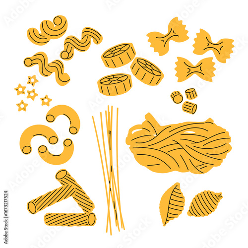 Different sorts of pasta in flat modern style. Macaroni, fusilli, penne, conchiglie, tagliatelle, spaghetti, stellini, ditalini. Traditional Italian home made food. Vector illustrations isolated on wh
